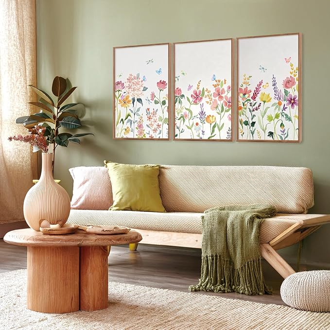 CHDITB Framed Canvas Wall Art Set, Nature Butterfly Flower Wall Decor, Floral Poster,Botanical Artwork Wildflower Painting, Abstract Green and Pink Art Prints for Young Lady Girl Room 16"x24"x3