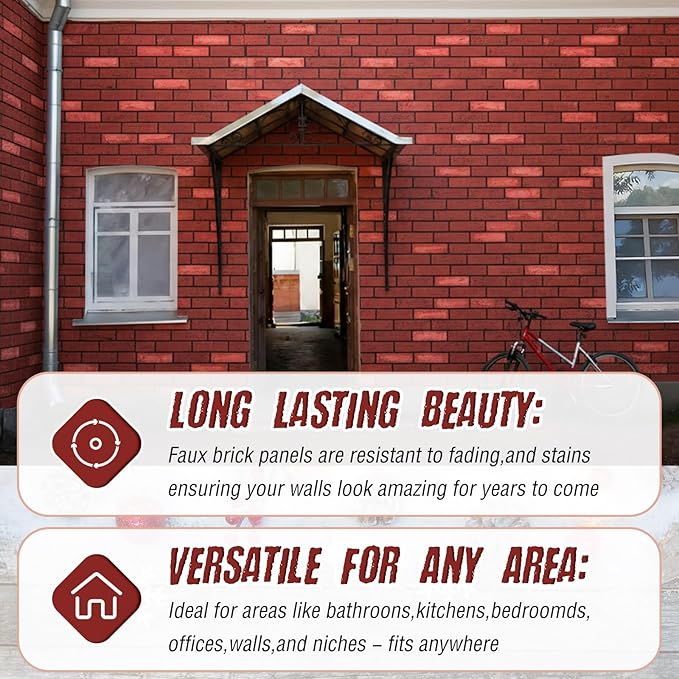 6 Pcs Christmas 3D High-Density Polyurethane Red Faux Brick Wall 45.7 x 11.8 x 1.2 inch PU Wall Panels for Interior Exterior Walls Decor Christmas Fireplace Living Room Kitchen Balcony