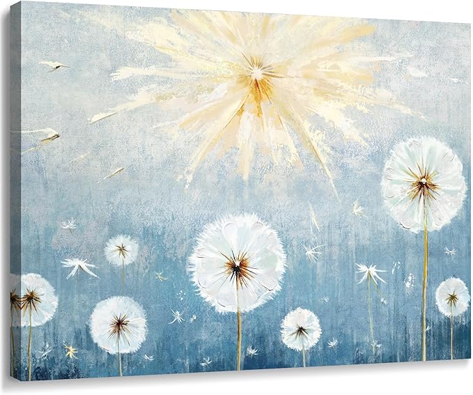 Nicetop Floral Canvas Wall Art – Blue Botanical Dandelion Picture, Inspirational Nature Art Print Wildflower Artwork for Bathroom Bedroom Office or Small Living Room, Rustic Decor16x12 Inch