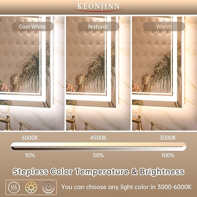 Keonjinn LED Bathroom Mirror 48" x 24" with Frontlit and Backlit, Stepless 3 Colors Temperature & Dimmable Wall Mirror, Tempered Glass, UL Listed LED Driver, Double LED Strips Lighted Vanity Mirror