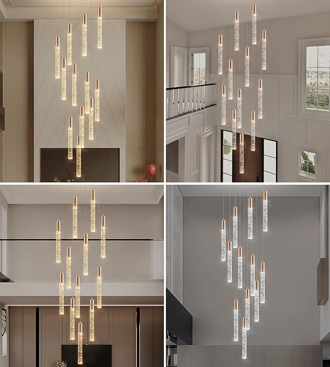 12-Lights High Ceiling Crystal Chandelier, Modern Large LED Raindrop Pendant Light Fixture 99" H Flush Mount Chandelier Gold for Foyer Staircase Villa Living Room