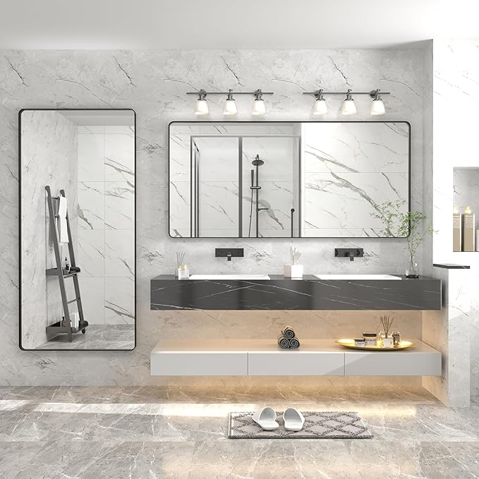 60x28 Black Framed Bathroom Mirror, Large Matte Black Bathroom Vanity Mirror for Wall, Rounded Rectangle Bathroom Mirror, Shatterproof (Horizontally/Vertically)