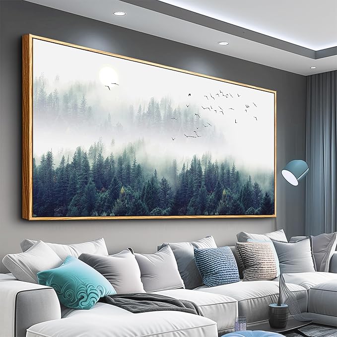 MHARTK66 Large Size Wall Art For Living Room Wood Framed Canvas Wall Decor For Bedroom Foggy Forest Trees Landscape Painting Wall Decorations Modern Home Decor Canvas Pictures Artwork 30" X 60"