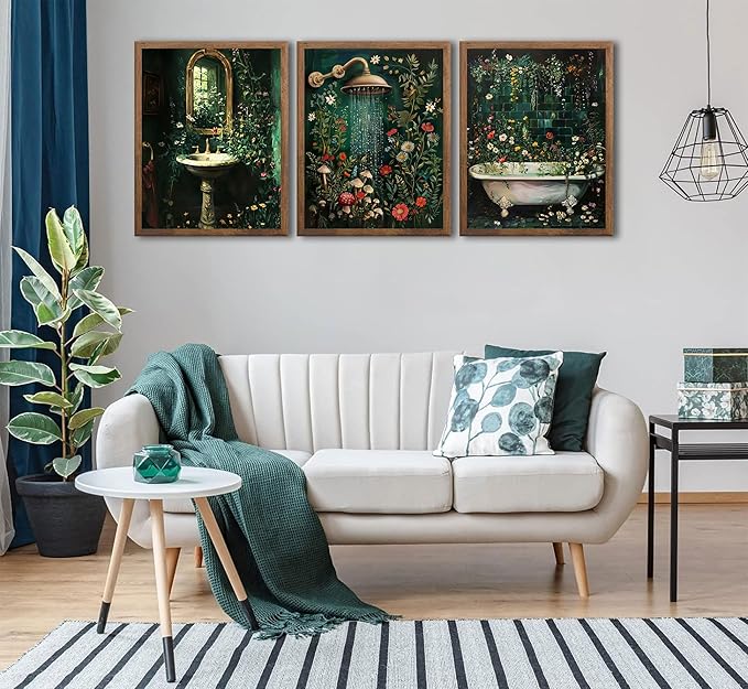 3pcs Green Botanical Bathroom Canvas Wall Art Washbasin Shower Baths Floral Poster Print Paintings Rural Dark Green Wildflowers Bathroom Picture Wall Decor for Laundry Room Bathroom Home Decoration