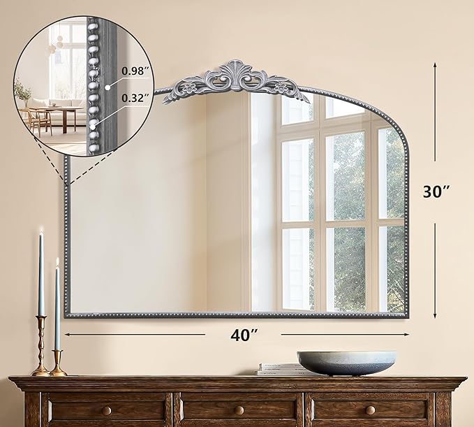 Micasso Antique Wall Silver Mirror: 40" x 30" French Baroque Vintage Mirror - Traditional Ornate Decorative Arched Mirrors for Wall/Bathroom/Entryway/Fireplace/Hallway - Home Decor for Living Room