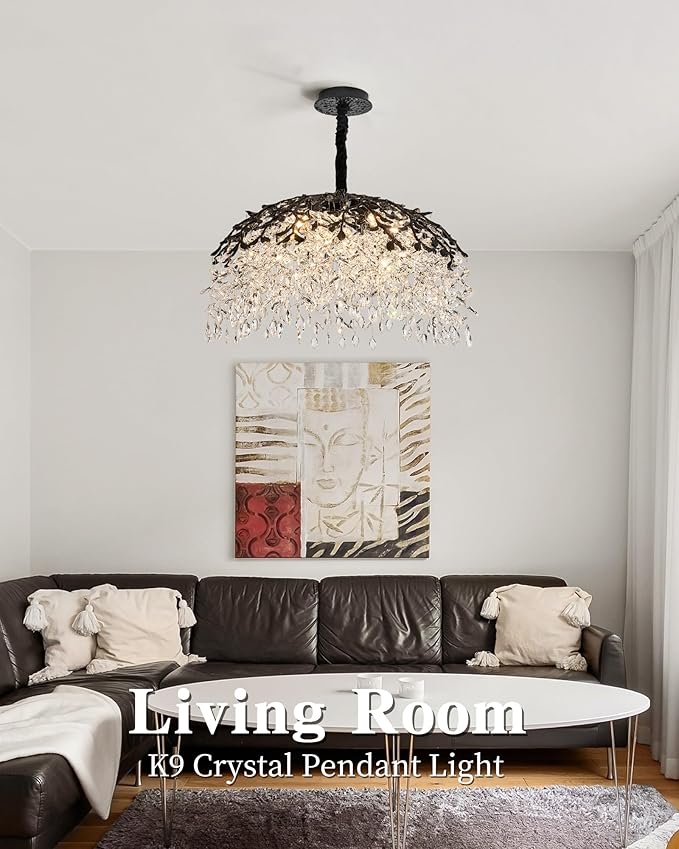 Modern Crystal Chandelier for Dining Room, 31.5" 10-Light Black Tree Branch Chandeliers, Luxury K9 Crystal Rectangular Chandeliers for Kitchen Island Living Room