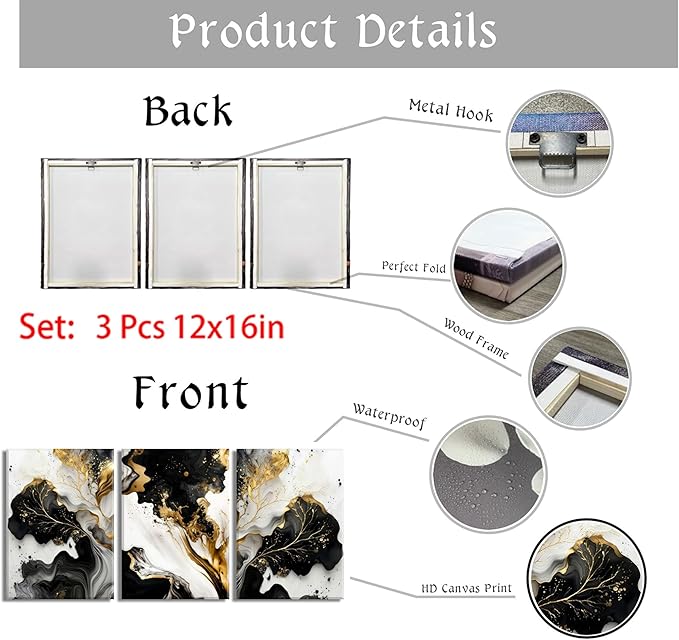 3Pcs Abstract Marble Canvas Wall Art Picture Black White Gold Texture Poster Print Modern Painting Wall Decor for Bedroom Living Room Office 12x16in Framed