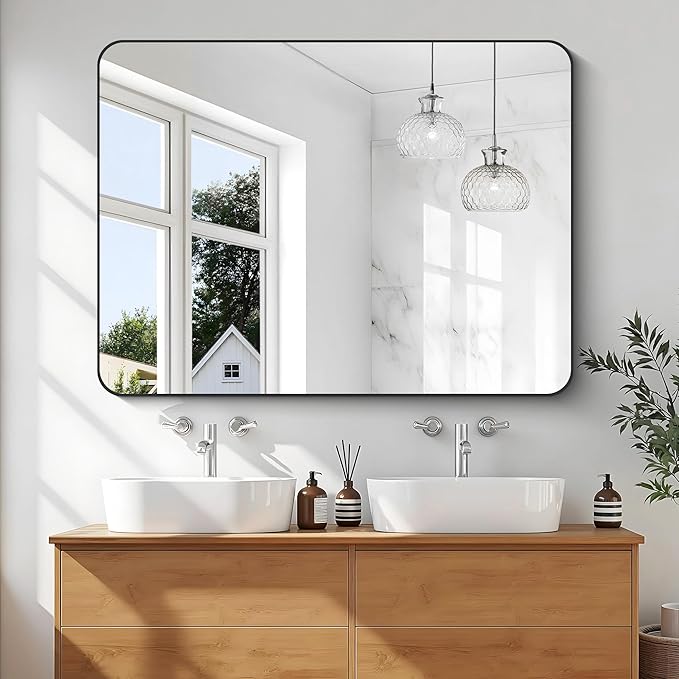 KOCUUY Black Bathroom Mirror 48"x36", Large Vanity Mirror with Rounded Corner, Metal Black Frame with Mordern Design for Bathroom, Living Room, Entryway, Hang Horizontal/Vertical
