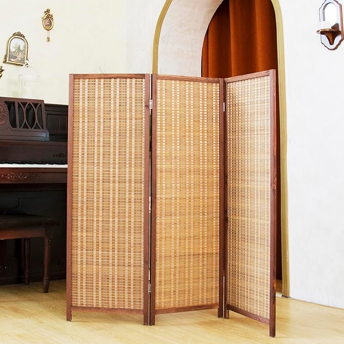 3 Panel Short Room Divider Folding Screen,47 inch Bamboo Panel Divider for Home Partition,Brown