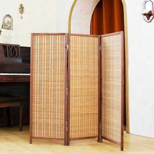 3 Panel Short Room Divider Folding Screen,47 inch Bamboo Panel Divider for Home Partition,Brown