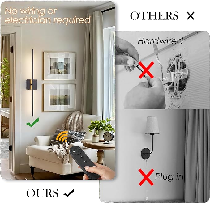 Battery Operated Wall Sconces with Remote Control, Dimmable Wall Sconces Set of Two, 350°Rotate, 3000K LED Black Wireless Wall Light for Living Room, Hallway, Bedroom, 40.1 Inch (2 Pack)