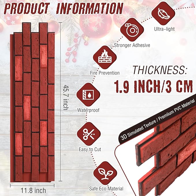 6 Pcs Christmas 3D High-Density Polyurethane Red Faux Brick Wall 45.7 x 11.8 x 1.2 inch PU Wall Panels for Interior Exterior Walls Decor Christmas Fireplace Living Room Kitchen Balcony