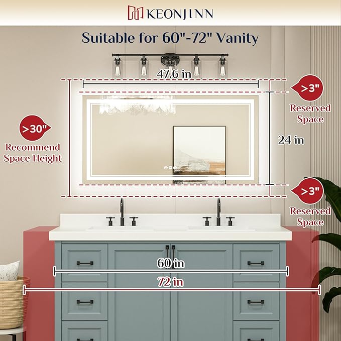 Keonjinn LED Bathroom Mirror 48" x 24" with Frontlit and Backlit, Stepless 3 Colors Temperature & Dimmable Wall Mirror, Tempered Glass, UL Listed LED Driver, Double LED Strips Lighted Vanity Mirror