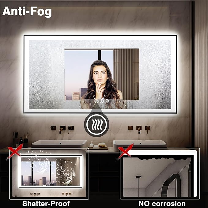 60x28 LED Bathroom Mirror for Wall - Black Aluminum Framed (Front and Backlit), Anti-Fog Vanity Mirror with Lighting, Stepless Dimmable, 3 Colors Smart Design (Horizontal/Vertical)