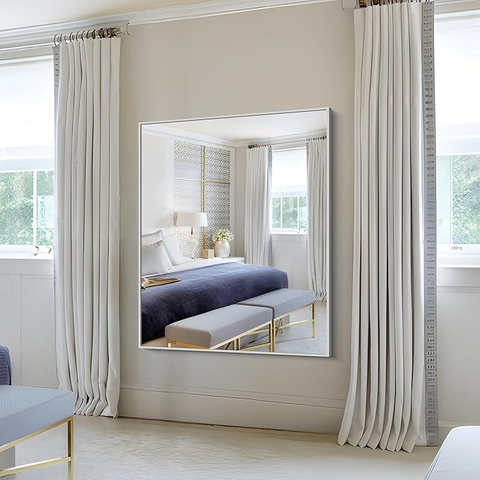 KOCUUY Silver Framed Mirror, 48"x40" Large Rectangle Bathroom Mirror for Wall, HD Tempered Glass, Anti-Rust Brushed Silver Frame, Modern Design for Bathroom, Bedroom, Living Room, Entryway