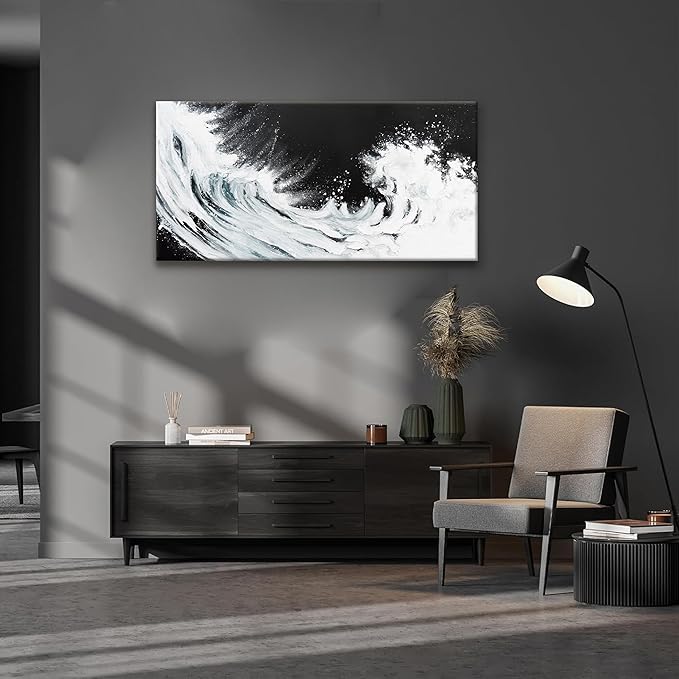 Black Abstract Wall Art Living Room Abstract Painting Wall Decor Modern 24"X 48" Canvas Art Wall Decor Black White Ocean Waves Wall Art Canvas Prints Artwork Pictures For Bedroom Kitchen Artwork