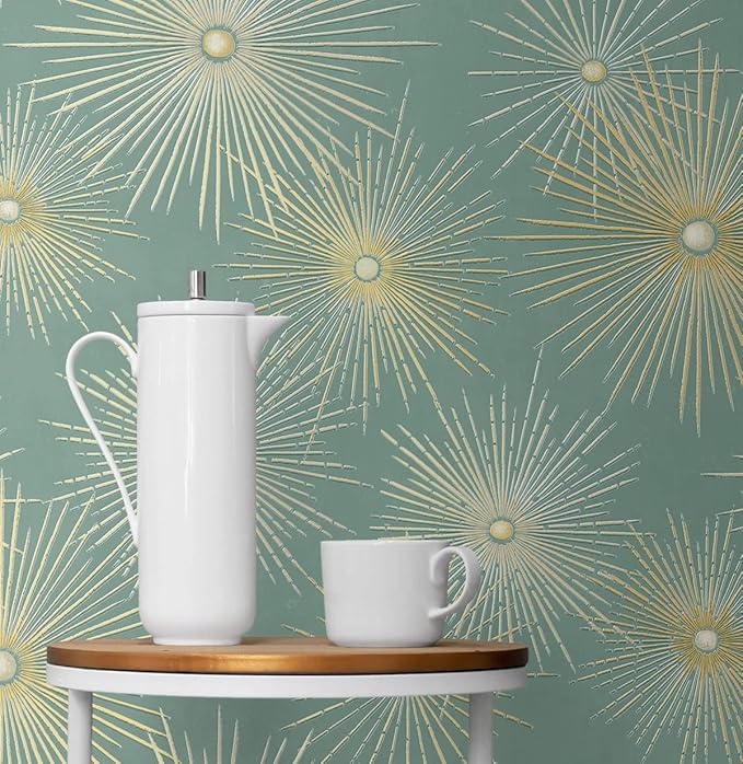 NextWall Star Burst Geo Mid Century Peel and Stick Wallpaper (Teal & Metallic Gold)