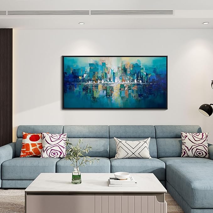 Large Wall Art for Living Room - Abstract Wall Decor Framed Picture Artwork for Wall Decorative Paintings Teal and White Modern Office Bedroom Art