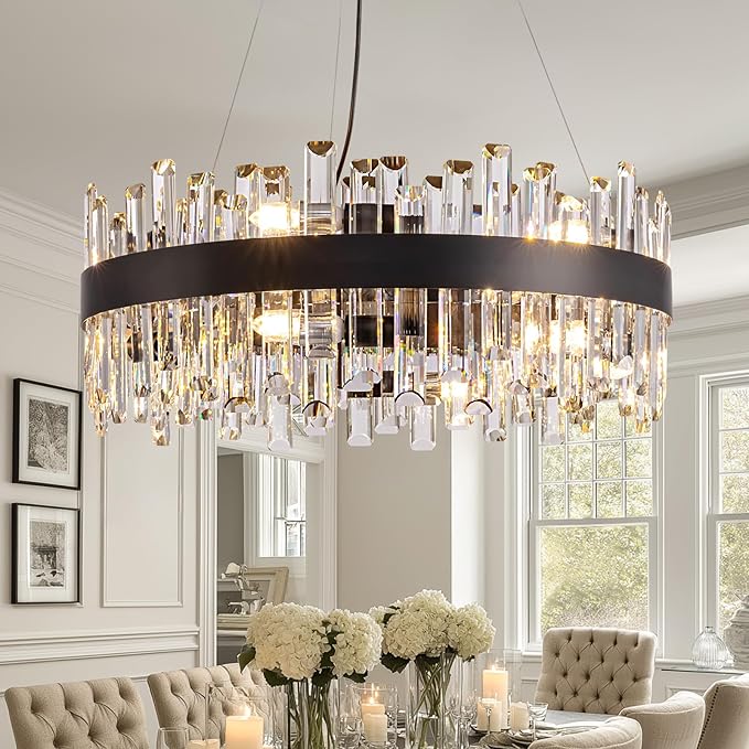 Modern Crystal Chandelier for Dining Room, 12-Light Black Round Chandelier, 23.6-inch K9 Crystal Raindrop Ceiling Light, Luxury Flush Mount Light Fixture for Kitchen Living Room Entryway