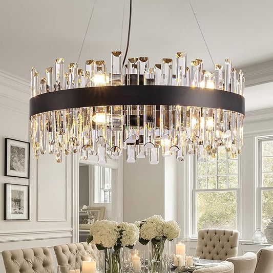 Modern Crystal Chandelier for Dining Room, 12-Light Black Round Chandelier, 23.6-inch K9 Crystal Raindrop Ceiling Light, Luxury Flush Mount Light Fixture for Kitchen Living Room Entryway