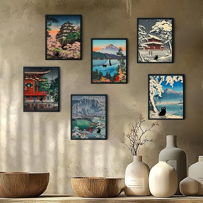 6 pcs Japanese Black Cat Wall Art Cute Japan Traditional Tsuchiya Koitsu Posters Prints Ukiyoe Japan Landscape Canvas Painting Vintage Colorful Japanese Pictures Wall Decor 12x16in Unframed