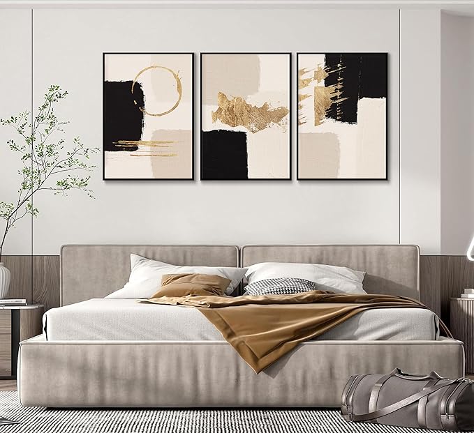 3pcs Black Gold Abstract Wall Art Bohemian Simple Geometric Canvas Poster Print Modern Beige Picture Painting Wall Decor for Living Room Bedroom Office Decoration Frameless