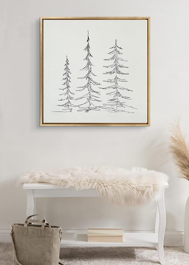 Kate and Laurel Sylvie Minimalist Evergreen Trees Sketch Framed Linen Textured Canvas Wall Art by The Creative Bunch Studio, 30x30 Gold, Chic Modern Art for Wall