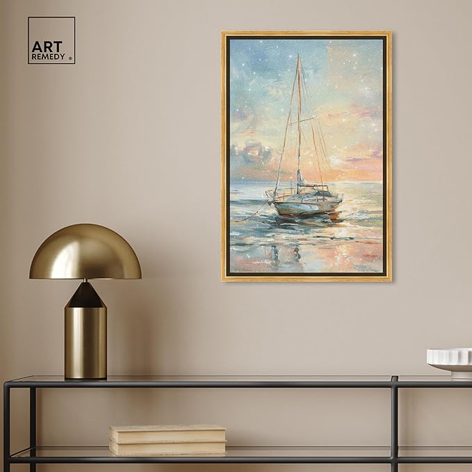 Art Remedy Boat On The Shore Framed Sailing 1 Piece Canvas Wall Art, 17.5" x 25.5", Gold Frame
