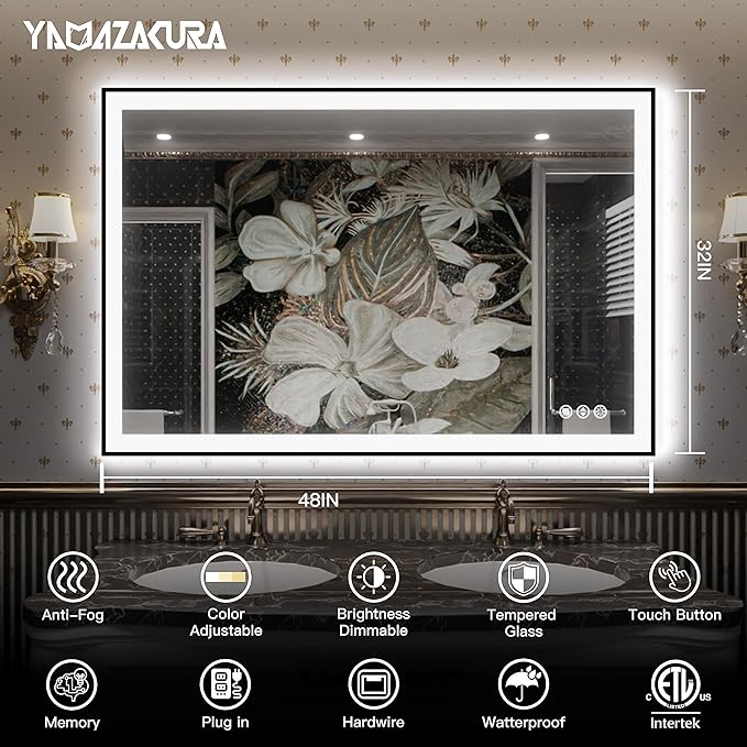 LED Bathroom Mirror 48x32- Lighted Vanity Mirror with Backlit and Front Light, Framed Dimmable Illuminated Mirror for Wall, Anti-Fog, Shatterproof, Memory, 3 Colors (Horizontal/Vertical)