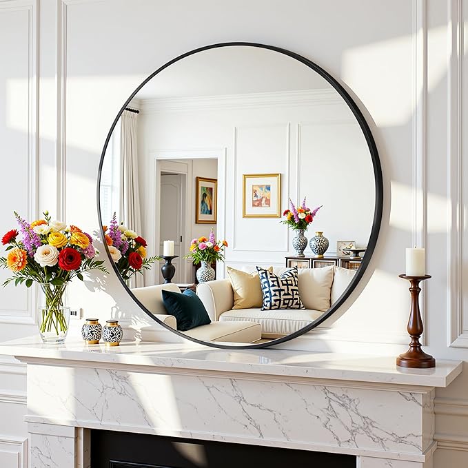 Antok Wall Mirror, 20"x20" Bathroom Vanity Mirror, Anti-Rust HD Tempered Glass, Wall Mounted Mirrors for Living Room, Entryway, Black Frame, Round