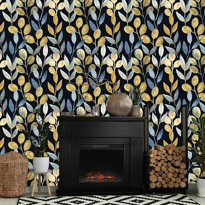 Blue Gold Leaf Peel and Stick Wallpaper Self Adhesive Dark Floral Waterproof Removable Contact Paper Wall Paper for Bedroom Bathroom Cabinets Drawers Wallpaper 17.7" x 70.8"