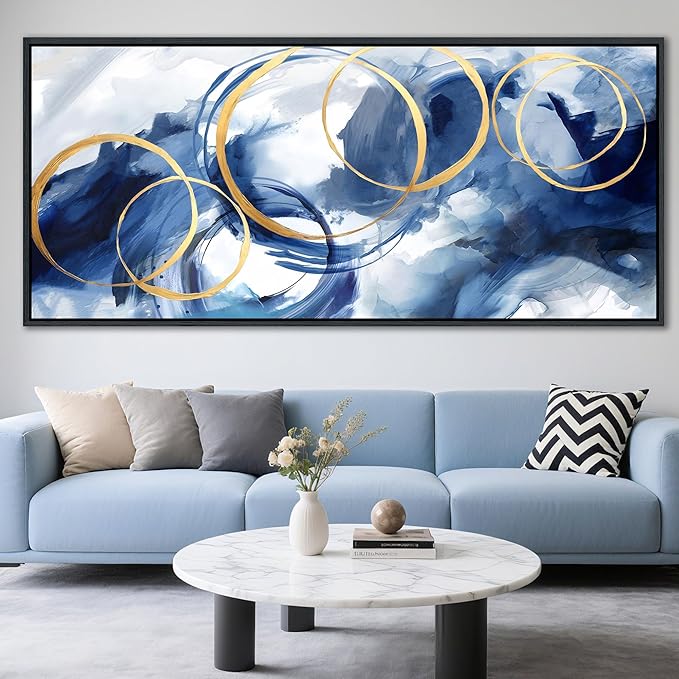 AJAZIKO Blue Abstract Canvas Wall Art Modern Wall Decor Artwork for Walls Living Room Large Painting Office Pictures Navy Gold Contempor Decorations for Bedroom