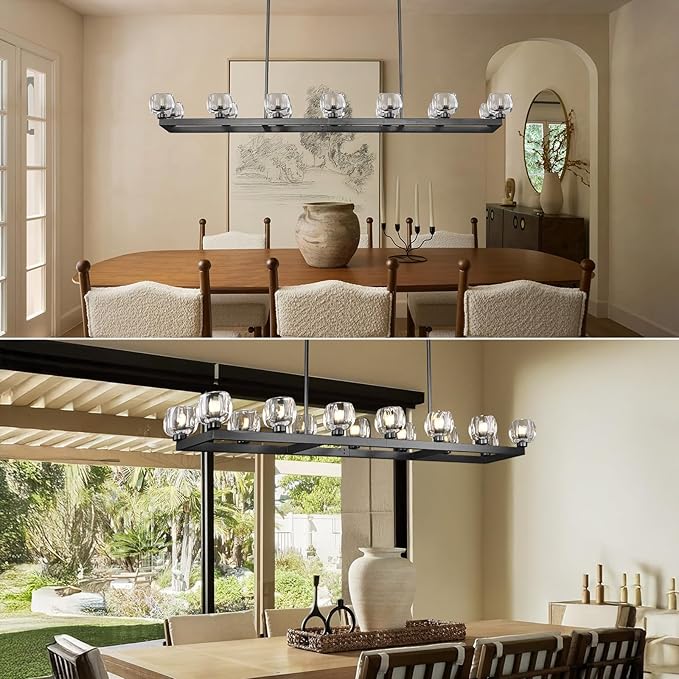 72 Inch Black Rectangle Wagon Wheel Chandeliers, Chandelier for Dining Room Over Table, Modern Crystal Long Chandelier for High Ceiling, Farmhouse Large Linear Chandeliers for Kitchen Island