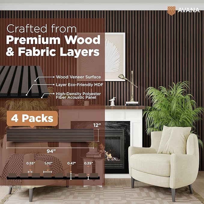 Avana Acoustic Wood Wall Panels – 94.4 x 12.6 Inch Dark Walnut Acoustic Panels 4 PCs – Wall Panels For Interior Wall Decor for Homes, Offices, Studios – Aesthetically Pleasing Wood Panels For Wall