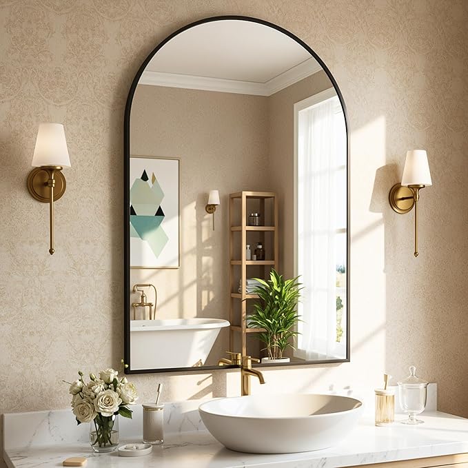 Antok Wall Mirror, 20"x30" Bathroom Vanity Mirror, Anti-Rust HD Tempered Glass, Wall Mounted Mirrors for Living Room, Entryway, Black Frame, Arched