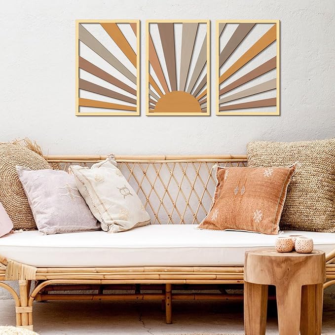 COLOR VALLEY ART Boho Wall Sculptures - Set of 3 Wood Wall Decor Pcs - Chic Sun Wall Artwork for Modern Home - 16.5"x33" Horizontal and Long Pictures for Wall Decor - Ideal for Living Room and Bedroom