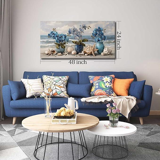 Large Beach Wall Art Blue Wall Decor Floral Canvas Art Coastal Seascape Ocean Pictures Flower Vase Poster Starfish Conch Shell Print Art for Bedroom Bathroom Living Room Office 24"x 48"