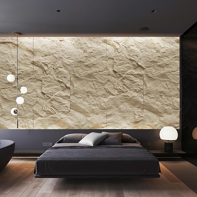 KASARO 3D Faux Stone Wall Panels, 4 PCS PU Wainscoting Panel for Interior Wall Decor, Cement Texture Thicker Accent for Home, Office, 43.3 × 23.6 inch, Golden Hemp