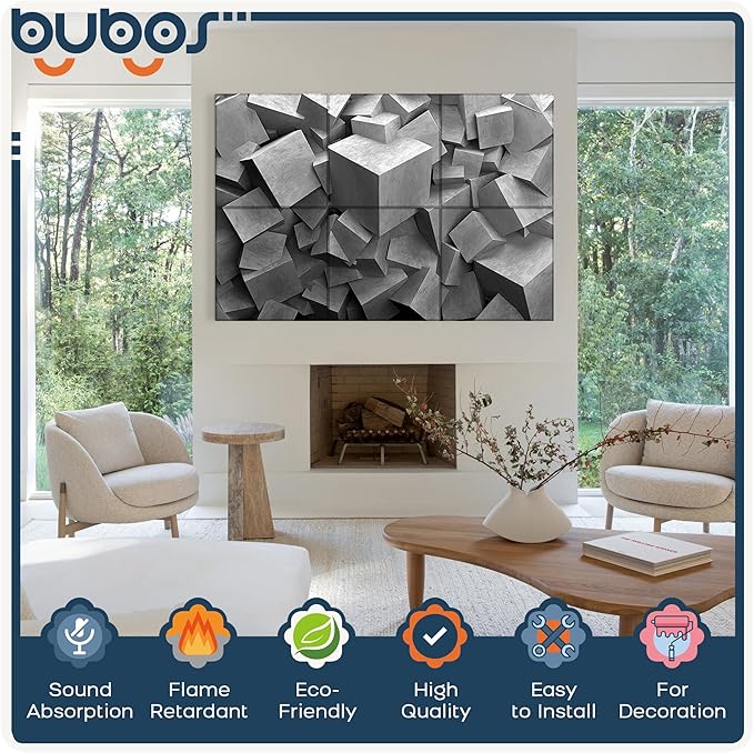 BUBOS 6 Pack Art Acoustic Panels Soundproof Wall Panel,70.8X47.2 Inches Large Sound Absorbing Panel,Self-Adhesive Decorative Acoustical Wall Panels, Acoustic Treatment for Home Office（Silent Blocks）