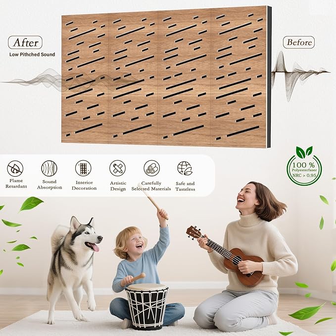 4Pack Acoustic Wall Panel, Self-Adhesive Soundproof Foam Panels for Wall, 3D Perforated Tri-Layer Polyester Fiber Decorative Acoustic Insulation for Recording Studio, Office, 24×12×1.78", Rain-Line
