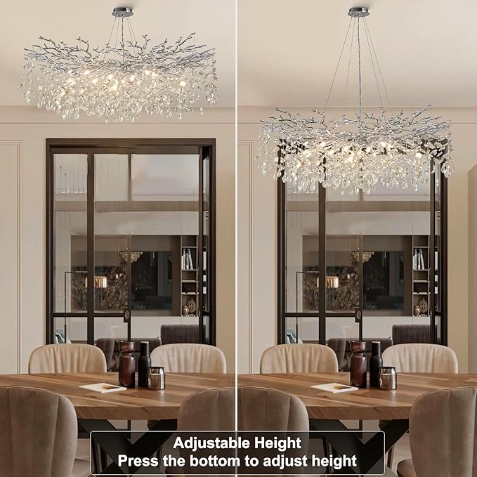 47" Silver Crystal Chandelier, 18-Light Modern Tree Branch Chandelier, Luxury Round K9 Crystal Raindrop Chandeliers for Dining Room, Living Room, Foyer, Entryway, Bedroom, Contemporary Light Fixture