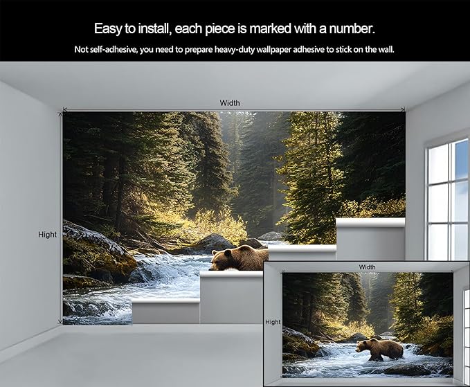 Brown Bear Mural Wallpaper, Forest Bear Murals, Natural Landscape Murals, Wallpaper for Living Room Bedroom Boy Girl Room Home Decor Mural (Not Peel Stick)