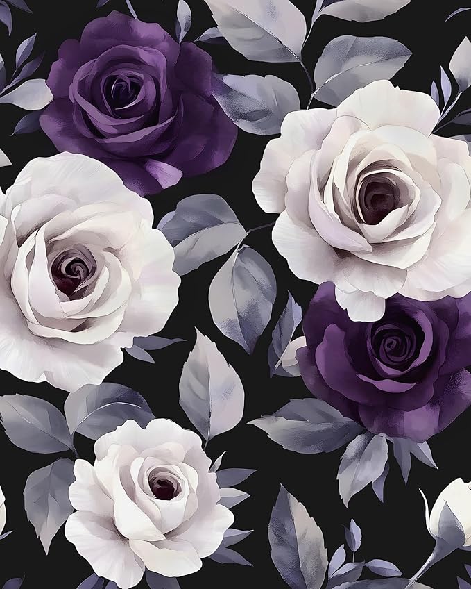 Black Foral Wallpaper Peel and Stick Purple White Rose Contact Paper 17.4" x 393", Dark Vintage Self-Adhesive Removable Flower Wall Paper for Bedroom Countertop Desk Cabinets Decor Renter Friendly