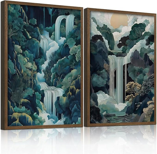 2pcs Framed Japanese Canvas Wall Art Painting Large Waterfall Scenery Poster Print Wrap Canvas Artwork Nature Scenery Abstract Blue Waterfall Zen Art Print Living Room Bedroom Office Decor 12x16 Inch