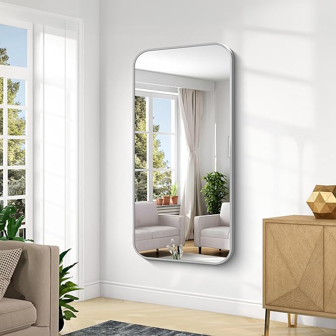 KOCUUY Silver Bathroom Mirror, 60x30 Inch Large Bathroom Mirror for Over Sink, HD Tempered Glass, Anti-Rust Brushed Silver Frame, Rounded Corner Modern Design for Bathroom, Hang Horizontal/Vertical