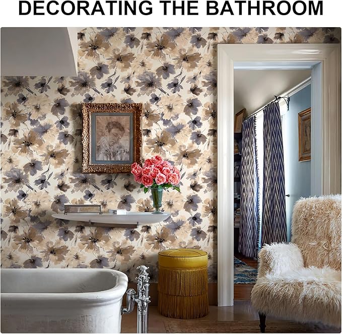 JiffDiff Floral Peel and Stick Wallpaper, Purple Watercolor Flower Contact Paper Peel and Stick for Bedroom Bathroom, Brown Vintage Removable Waterproof Self Adhesive Wall Paper 118"X17.3"(14 sq. ft)