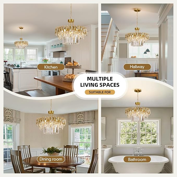 Modern Gold Round Crystal Dining room Chandelier - 19.7'' Luxury Raindrop K9 Crystals Chandeliers,Contemporary 3 Tier Ceiling Light Chandelier for Living room Bedroom Foyer Entryway (Include bulbs)