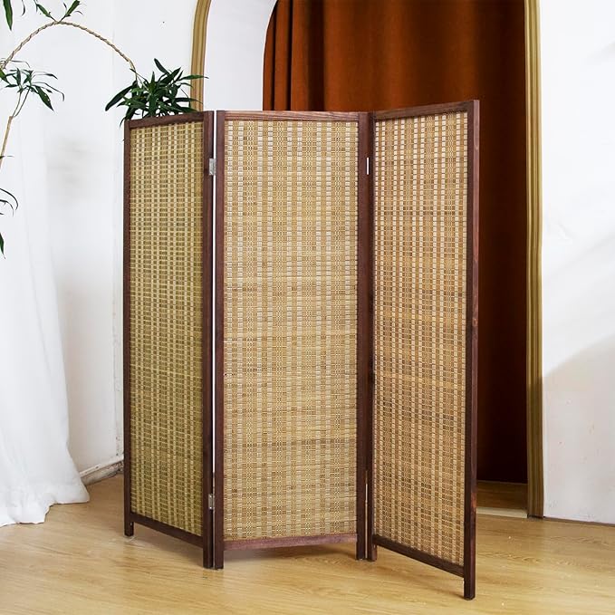 3 Panel Short Panel Divider Screen,3.95 FT Tall Bamboo Room Divider Folding Privacy Screen,Short Panel Divider Freestanding Room Divider for Room Seperation,Brown