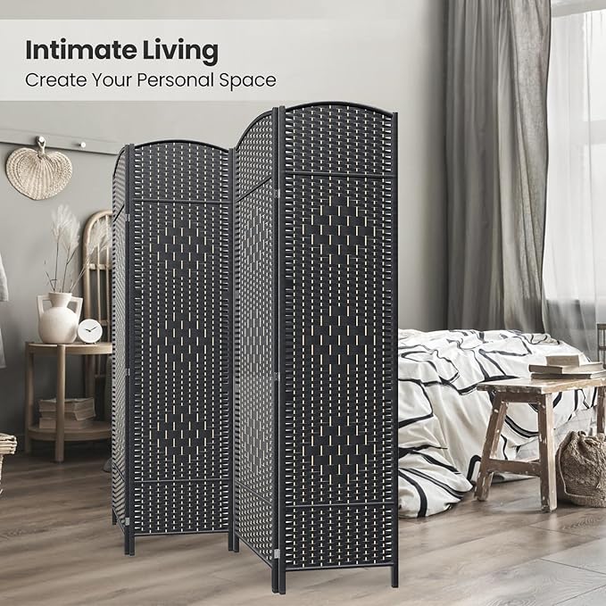 4 Panel Room Divider,6Ft Folding Privacy Screen,Tall - Extra Wide Foldable Panel Partition Wall Divider with Diamond Double-Weaved Hand-Woven Design Room Screen Divider