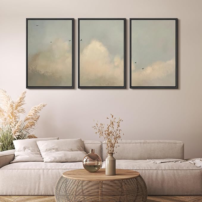 MUDECOR Framed Wall Art Print Set Minimalist Serene Sky with Birds Illustrations Modern Art Boho Decorative Colorful Chic for Living Room, Bedroom, Office - 24"x36"x3 Black